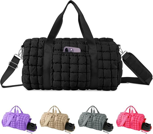 Quilted Travel Duffle Bag Gym Bag for Women,Large Puffer Duffle Weekender Bag with Compartment,Workout Overnight Carry on Organizer Bag Duffle Bag for Airplane Travel(L-Black)