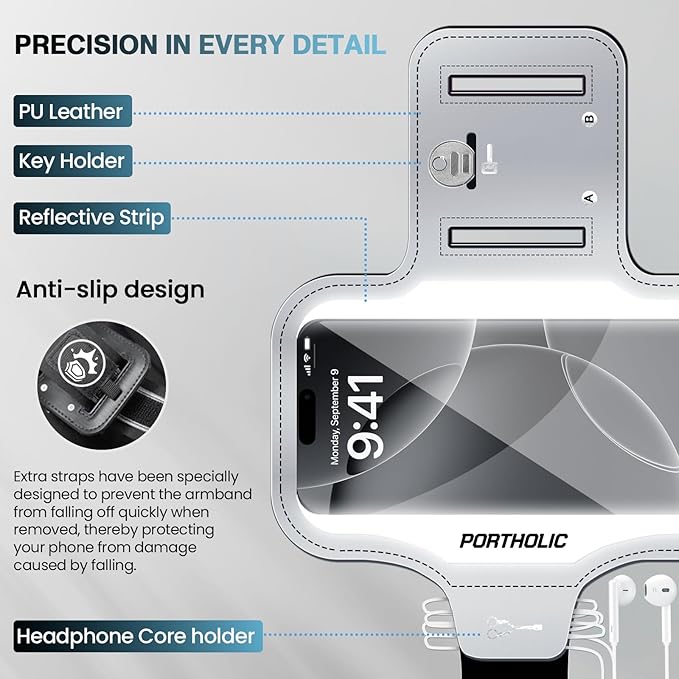 PORTHOLIC 2025 Running Armband Water Resistant Sports Phone Holder Case with Extension Strap, Key Card Slot Up to 6.9" Phone for iPhone 17/16/15/14/13 Plus Air Pro Max XR/XS, Galaxy S25/24/S10