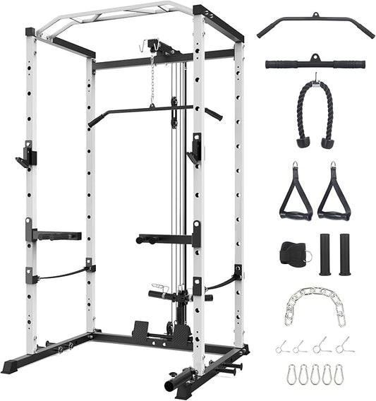 Power Cage with LAT Pulldown Machine - Squat Rack for Home Gym, Multi-Functional Weight Cage with Cable Pulley System, Dip Bars & Landmine Attachment