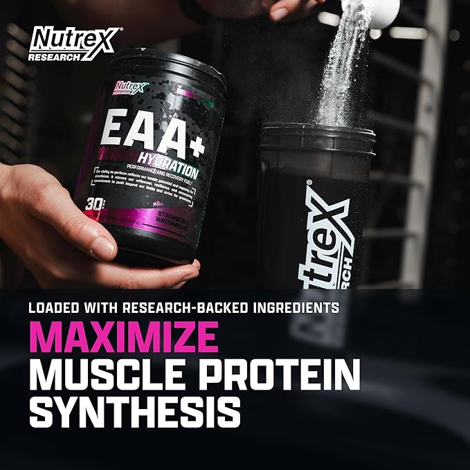Nutrex Research EAA Hydration | EAAs + BCAA Powder | Muscle Recovery, Strength, Muscle Building, Endurance | 8G Essential Amino Acids + Electrolytes | Strawberry Watermelon 30 Serving