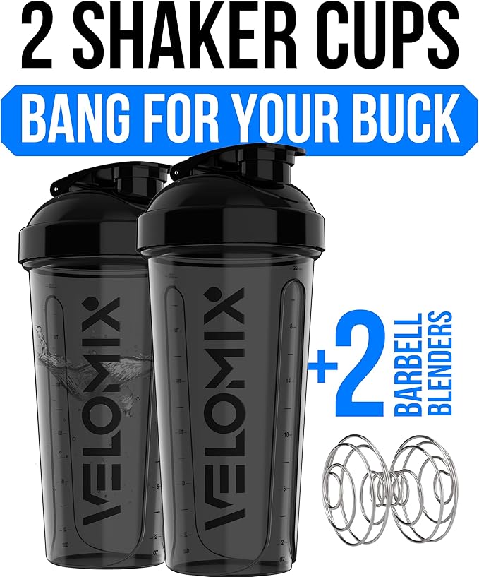 VELOMIX -2 Pack- 28 oz Protein Shaker Bottles for Protein Mixes - 2x Wire Whisk | Leak Proof Shaker Cups for Protein Shakes | Protein Shaker Bottle Pack | Shakers for Protein Shakes - 2xBlack