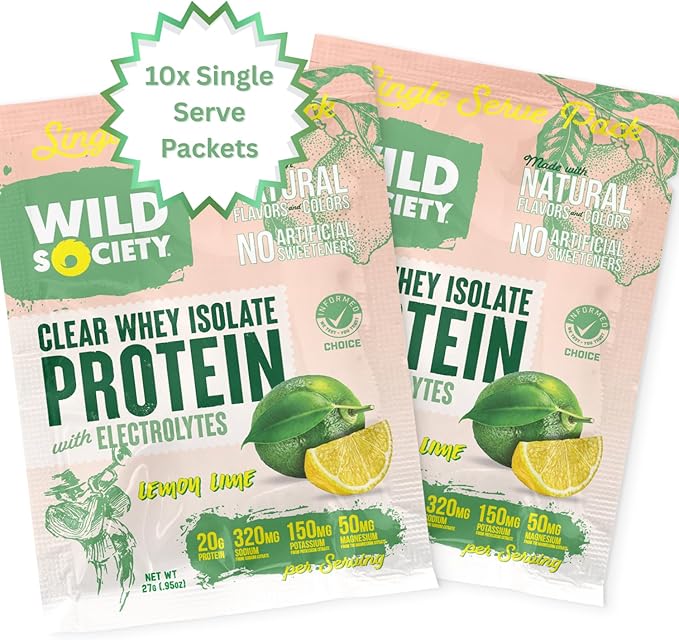 WILD SOCIETY - Clear Whey Protein + Electrolytes - Refreshing Whey Protein Isolate Powder - 20g Protein, 0 Sugar, No GMO - Travel Pack - 10x Singe Serves - Lemon Lime