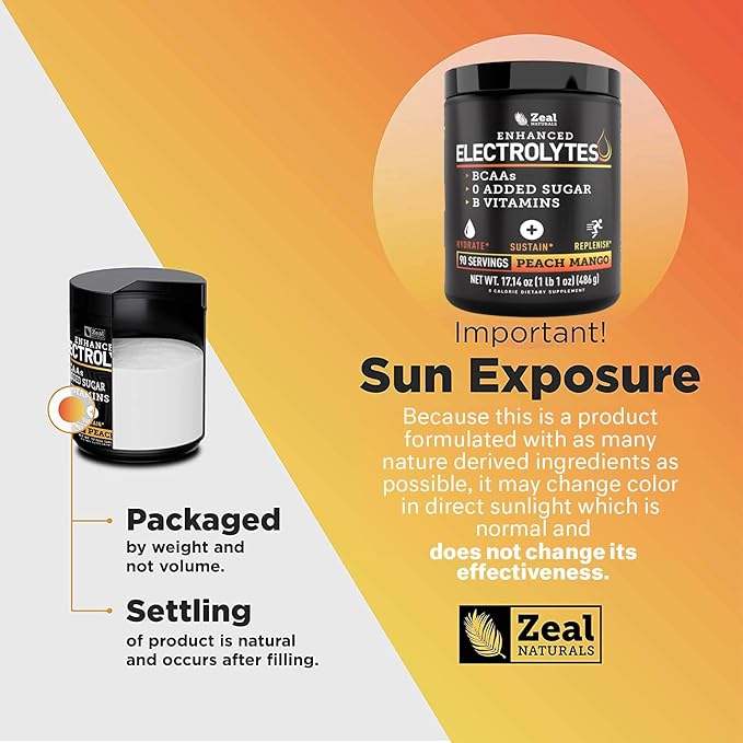 Zeal Naturals Electrolyte Powder Recovery Drink (90 Servings | Peach Mango) w 0 Sugar +BCAAs +B-Vitamins Electrolyte Supplement w Potassium Zinc & Magnesium for Hydration - Keto Electrolytes
