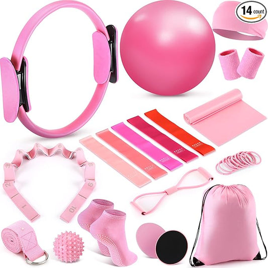 Poen 18 Pcs Pilates Ring Kit Home Pilates Ring Circle and Ball Set for Women Yoga Fitness Set with 5 Resistance Band Stretching Strap Non Slip Sock Ball Core Slider Wristband Headband Gym Bag
