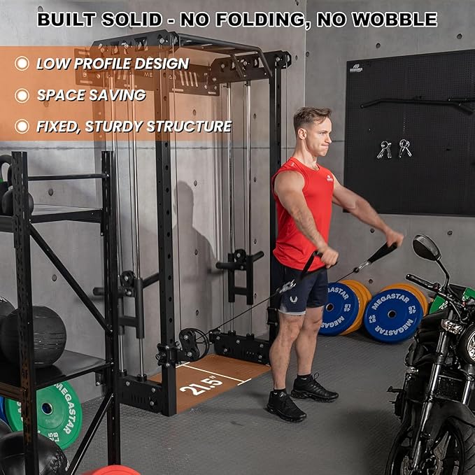 Wall Mounted Power Rack – 1600LB Capacity Compact Commercial Home Gym with Dual Cable Crossover, LAT Pulldown, Multi-Grip Pull-Up Bar & Landmine Attachment for Small Spaces, P67 Striker Red