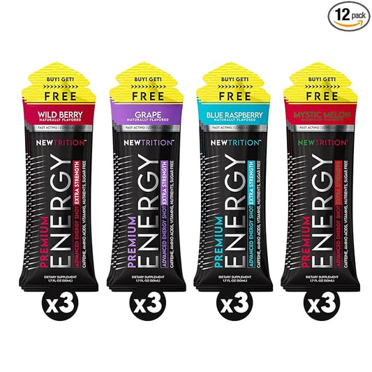 NewTrition® Extra Strength Energy Shots, 250mg Caffeine Energy Shots with Vitamin B & Amino Acids, Sugar-Free Vitamin Energy Shot, 1.7 fl oz (Pack of 12, 4 Flavors - Mixed 1)