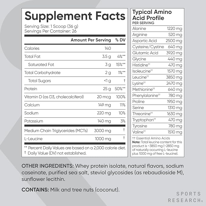 Sports Research Whey Protein Isolate - Sports Nutrition Protein Powder 25g per Serving - 2.1lb Bag Whey Protein - Vanilla Flavor - Bulk Protein Powder, 26 Servings