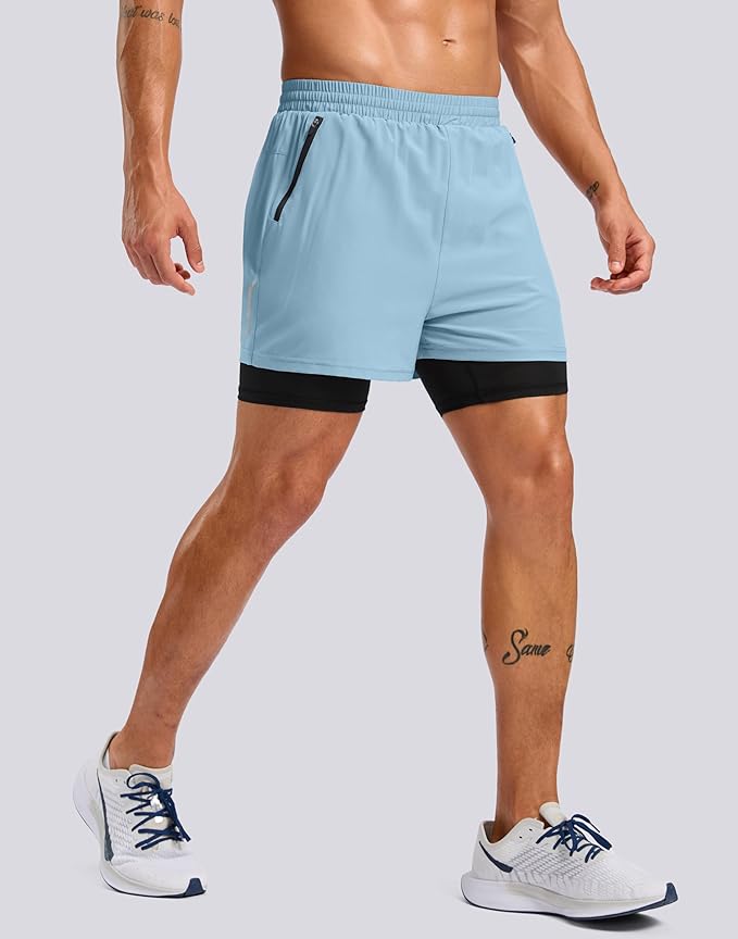 Pudolla Men's 7" Running Shorts with Zipper Pockets Quick Dry 2 in 1 Workout Gym Shorts with Liner for Tennis Yoga Training