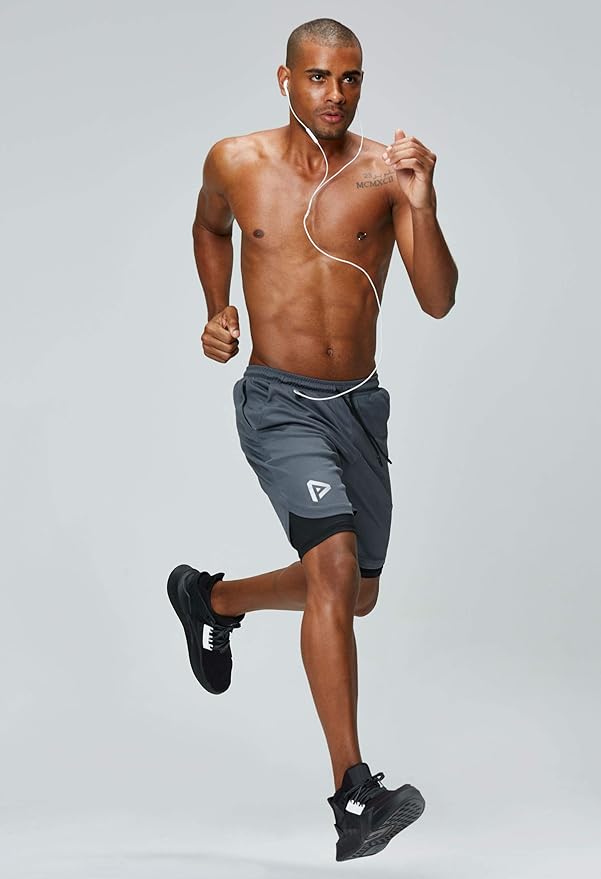 Pinkbomb Men's 2 in 1 Running Shorts Gym Workout Quick Dry Mens Shorts with Phone Pocket