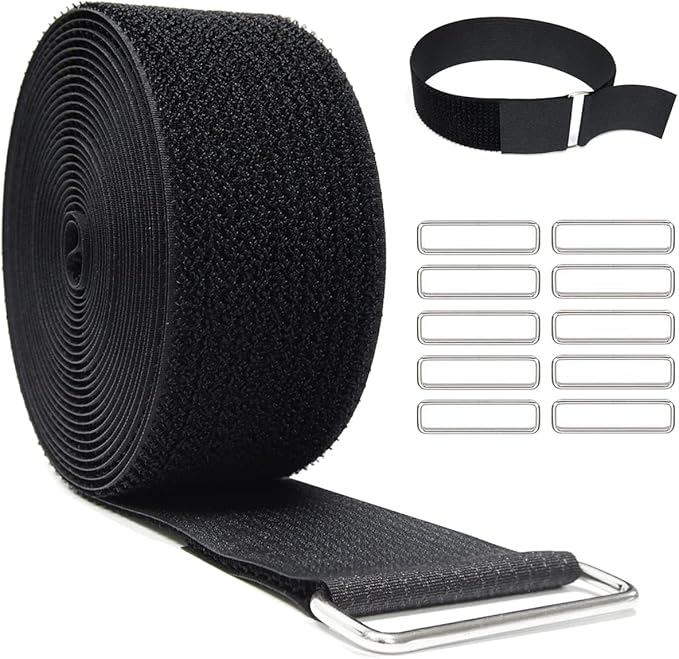 2"x16ft Reusable Cinch Strap with 10 Metal Buckles, Cut-to-Length Fastening Securing Straps, Adjustable Nylon Cable Straps and Cord Ties for Organizer or Storage, 2 inch Wide, Black