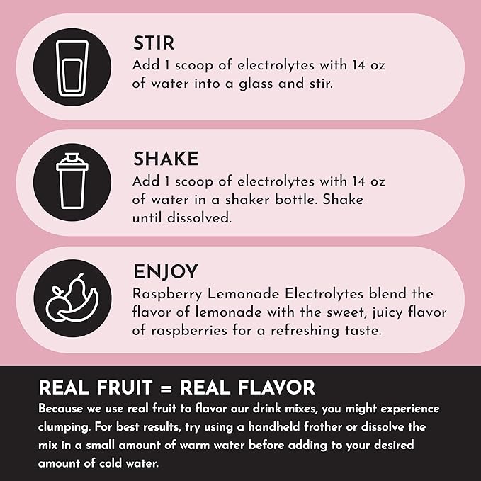 Raspberry Lemonade Electrolytes – 30‑Serving Hydration Drink Mix with Coconut Water, Essential Minerals & Real Fruit Flavors – Sweetened with Monk Fruit & Stevia – No Artificial Ingredients