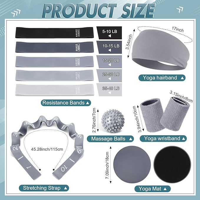 Poen 18 Pcs Pilates Ring Kit Home Pilates Ring Circle and Ball Set for Women Yoga Fitness Set with 5 Resistance Band Stretching Strap Non Slip Sock Ball Core Slider Wristband Headband Gym Bag