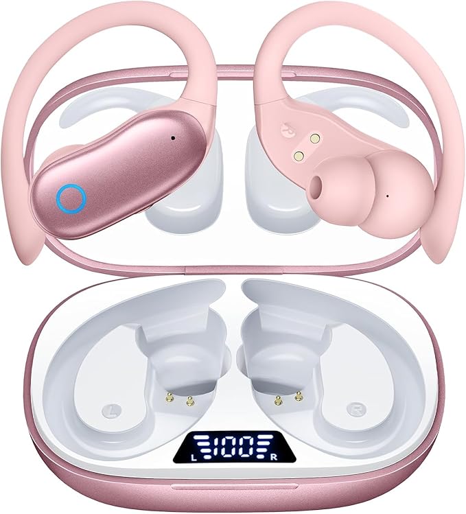 Active Noise Canceling Ear Buds Wireless Earbuds 96hrs Playback Bluetooth Headphones IPX7 Waterproof Stereo Bass Over-Ear Earphones with Earhooks Microphone LED Battery Display for Sports Workout