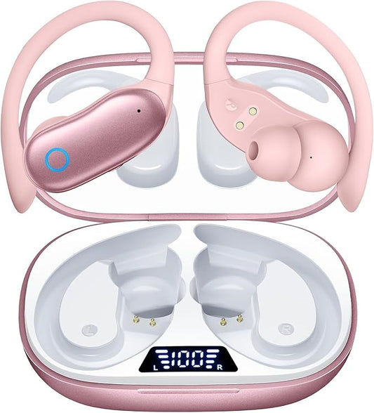Active Noise Canceling Ear Buds Wireless Earbuds 96hrs Playback Bluetooth Headphones IPX7 Waterproof Stereo Bass Over-Ear Earphones with Earhooks Microphone LED Battery Display for Sports Workout