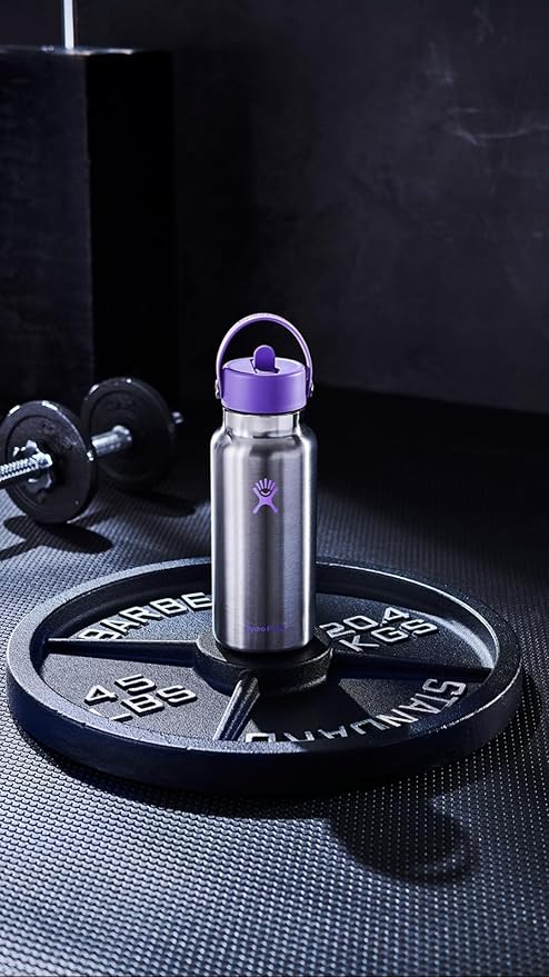 Hydro Flask Water Bottle - Insulated Stainless Steel - Wide Mouth Flex Straw Lid, Non Spill, Leakproof and Refillable in 32 Oz Stainless Steel Violet