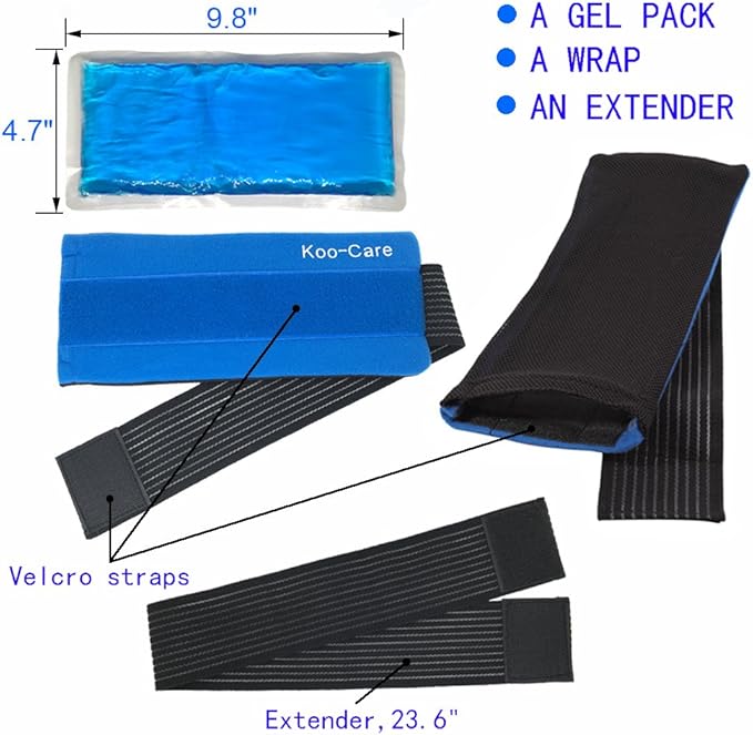 Koo-Care Flexible Gel Ice Pack & Wrap with Elastic Strap for Hot Cold Therapy - Great for Migraine Relief, Sprains, Muscle Pain, Bruises, Injuries (Head, Neck, Arm, Elbow, Knee, Ankle)