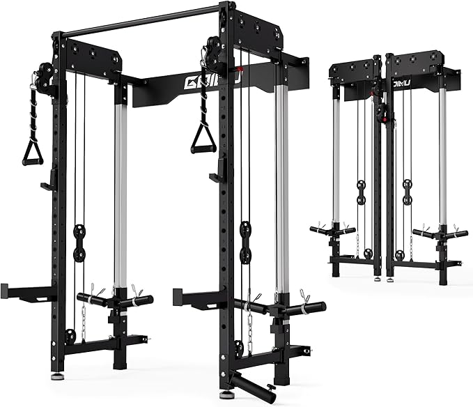 WM3-V4 Folding Squat Rack, Wall Mounted Power Rack with Dual Independent Pulley System, Functional Trainer with 5 Adjustable Function Modes for Space Saving