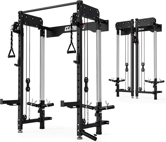 WM3-V4 Folding Squat Rack, Wall Mounted Power Rack with Dual Independent Pulley System, Functional Trainer with 5 Adjustable Function Modes for Space Saving