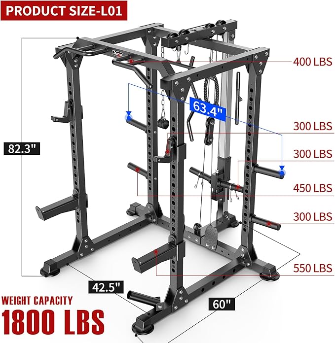 Power Cage Multi-Function Power Rack with Cable Crossover System,1800 LBS Capacity Squat Rack with Weight Bench,for Home Gym