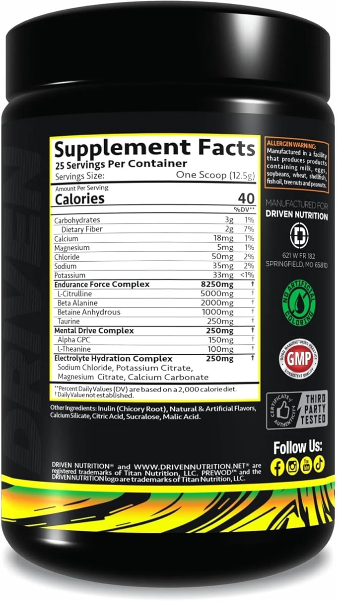 Driven PREWOD Caffeine-Free Pre-Workout – 25 Servings – Stimulant-Free Supplement with Beta-Alanine, Citrulline & Electrolyte Support – Focus, Endurance & Strength for High-Intensity Training