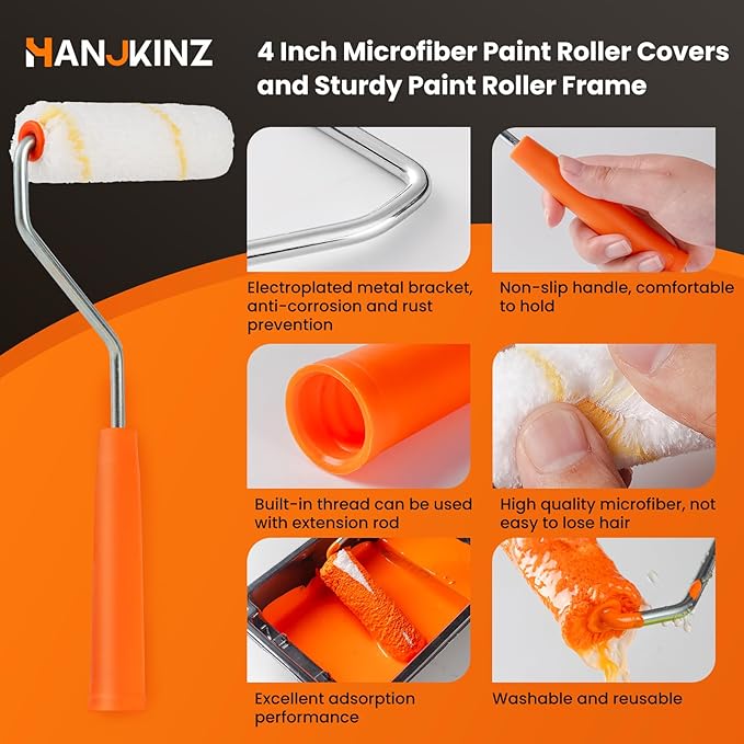 100 Pack Microfiber Paint Roller 4 Inch, Mini Paint Roller Covers,3/8 Inch Nap, Small Paint Rollers for House Painting with Paint Roller Frame, Wall Painting Tool