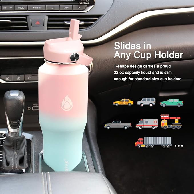 SENDESTAR 32oz Water Bottle Wide Mouth Stainless Steel Vacuum Insulated Double Wall with Straw Lids Fit in Any Car Cup Holder