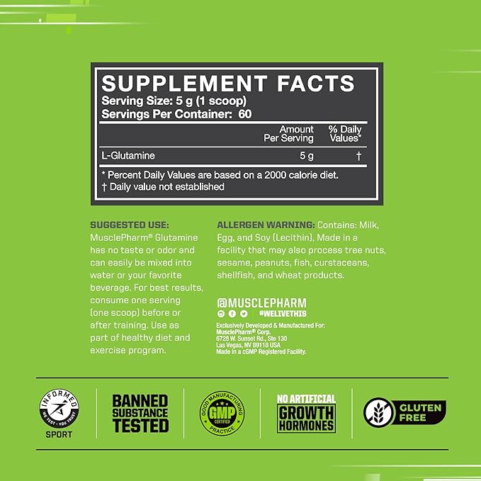 MusclePharm Glutamine, Pure L-Glutamine Powder Supplement for Post Workout Muscle Recovery, Energy & Gut Health, 5g L Glutamine Powder per Serving, Gluten-Free, Unflavored, 60 Servings