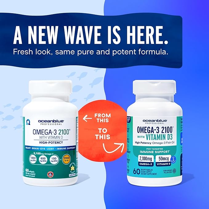 Oceanblue Professional Omega-3 2100 with Vitamin D3 – 120 ct - 2pack – Triple Strength Burpless Fish Oil Supplement with High-Potency EPA, DHA, DPA and Vitamin D3 – Wild-Caught – Orange Flavor