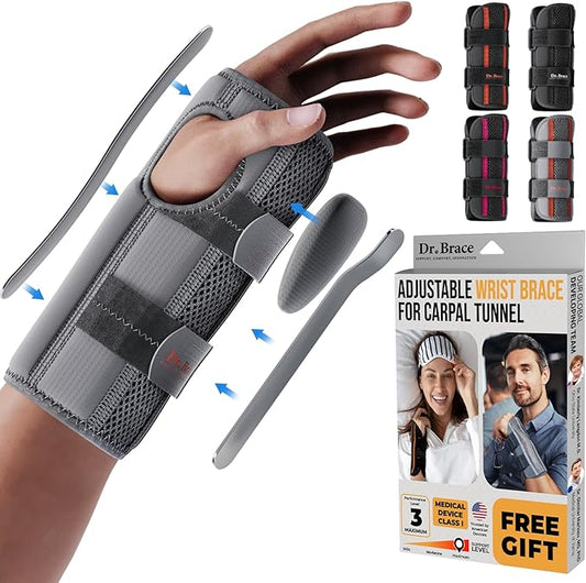 DR. BRACE Adjustable Wrist Brace Night Support for Carpal Tunnel, Doctor Developed, Upgraded with Double Splint & Therapeutic Cushion,Hand Brace for Pain Relief,Injuries,Sprains (S/M Right Hand, Grey)
