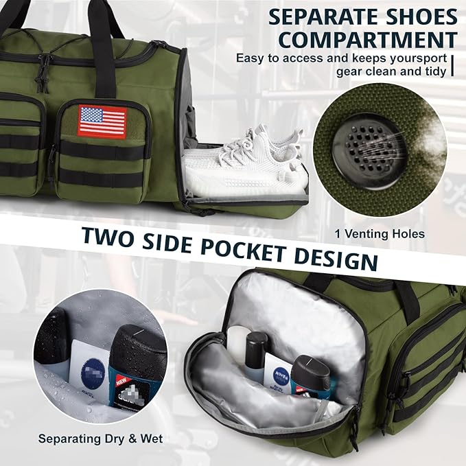 Tactical Gym Bag for Men,50L Large 3 in 1 Sports Duffle Bag with Shoes Compartment for Travel,Water Resistant Travel Backpack Weekender Overnight Bag with Wet Pocket for Women