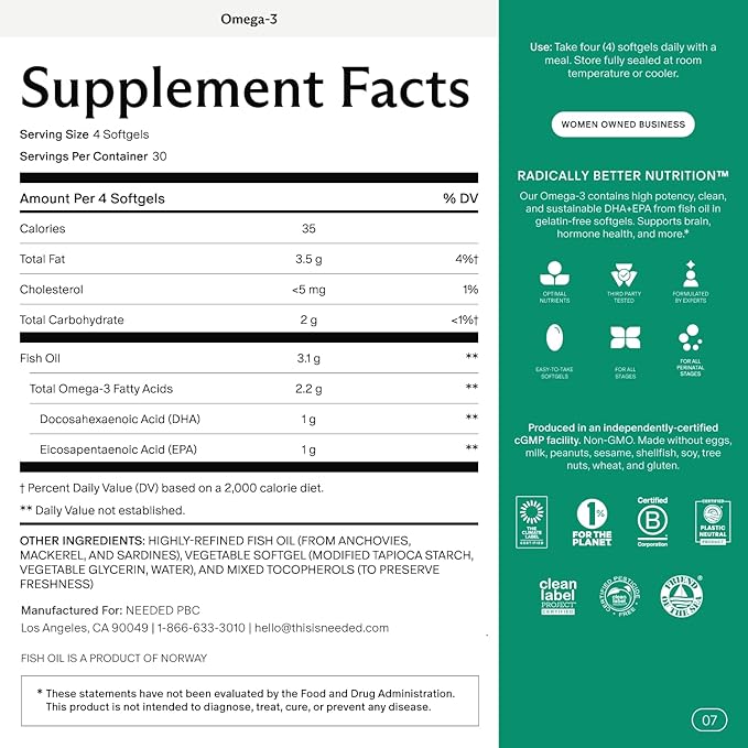 Needed. Prenatal Omega-3 - High Potency Dose of Sustainably Sourced Fish Oil, 1000mg DHA, 1000mg EPA, Encased in a Gelatin-Free, Plant-Based Softgel Shell
