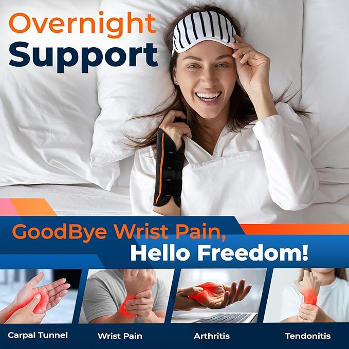 DR. BRACE Adjustable Wrist Brace Night Support for Carpal Tunnel, Doctor Developed, Upgraded with Double Splint & Therapeutic Cushion,Hand Brace for Pain Relief,Injuries,Sprains (L/XL Left Hand, Black-Orange)