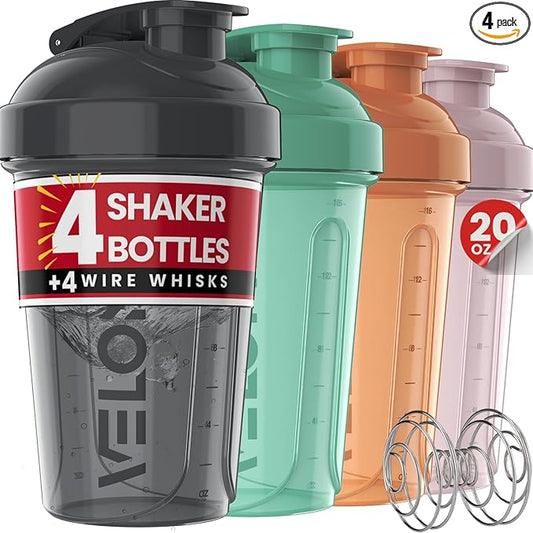VELOMIX -4 PACK- 20 OZ Protein Shaker Bottles for Protein Mixes, Shaker Cups for Protein Shakes, Small Shaker Bottle Pack, Shaker Cup, Shakers for protein Shakes (Mint Drift)