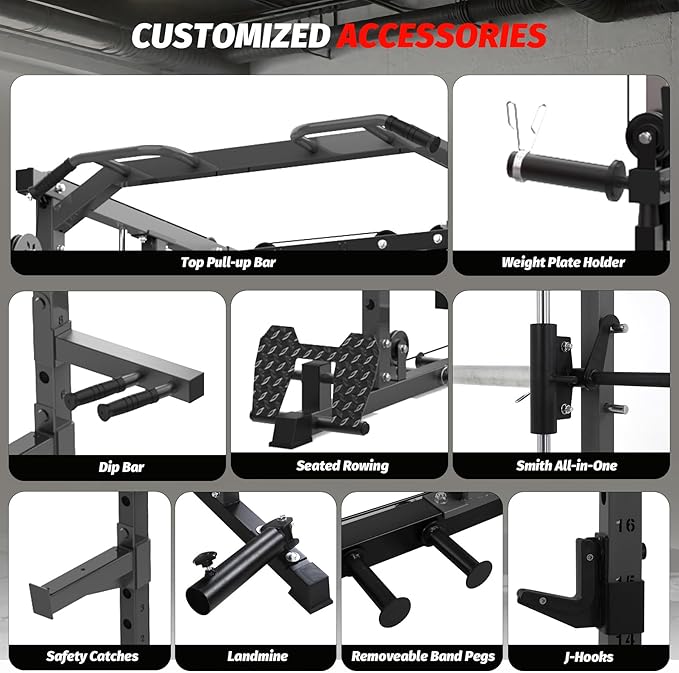GarveeLife Power Cage, Smith Machine Squat Rack, Heavy Duty Power Rack for Home Gym with Pulley System, Dip Bar, LAT Pulldown, Multifunctional Squat Rack for Home Gym