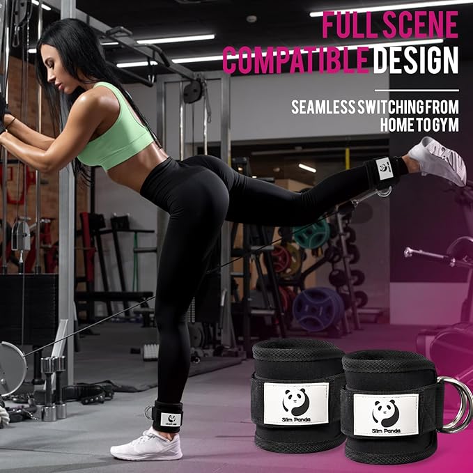 Slim Panda Ankle Strap for Cable Machine,Ankle Cuff for Kickbacks, Booty Hip Abductors,Glute Workouts, Leg Extensions, Curls for Men and Women, Adjustable with Double D-Rings
