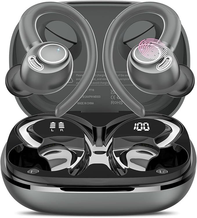Wireless Earbuds, Bluetooth 5.4 Headphones Sport, Over Ear Buds with ENC Noise Cancelling Mic, 48H, Wireless Earphone with Earhooks, Stereo Deep Bass, IP7 Waterproof Ear Bud for Workout Running, Grey