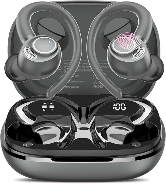 Wireless Earbuds, Bluetooth 5.4 Headphones Sport, Over Ear Buds with ENC Noise Cancelling Mic, 48H, Wireless Earphone with Earhooks, Stereo Deep Bass, IP7 Waterproof Ear Bud for Workout Running, Grey