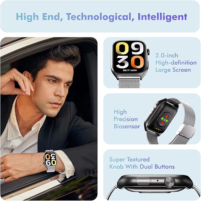 YMS Android Smart Watch for Women - Bluetooth Call,Compatible with Android & iOS,2.0" HD, Heart Rate/Sleep/Step Tracker, 100+ Sports Modes,IP68 Waterproof Men Fitness Tracker (Silver(Milanese))