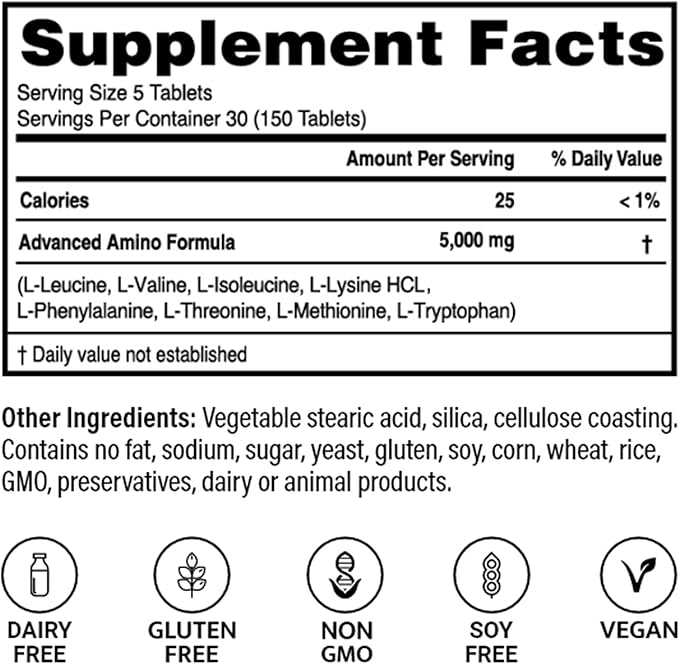 Advanced Bionutritionals – Advanced Amino Formula Tablets, Amino Acid Supplement, Build Muscle, Post Workout Recovery, Energy, Stamina, Non-GMO, Gluten Free, Dairy Free, Vegan (150 Tablets)