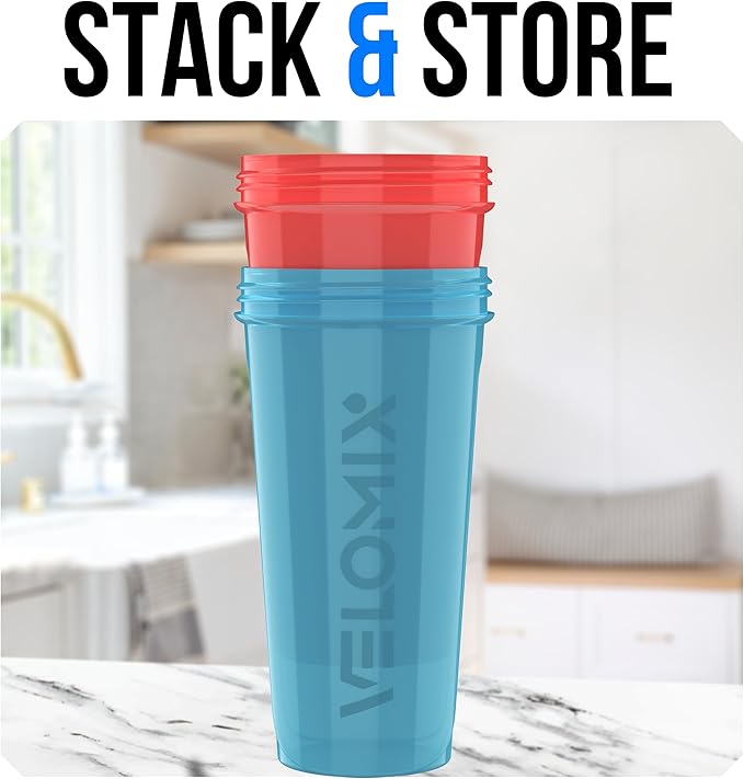 VELOMIX -2 Pack- 28 oz Protein Shaker Bottles for Protein Mixes - 2x Wire Whisk | Leak Proof Shaker Cups for Protein Shakes and Pre Workout | Protein Shaker Bottle Pack (Blue/Pink)