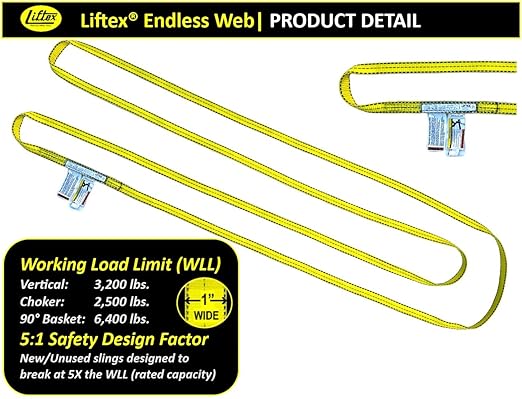 LIFTEX® - Trusted Since 1955 | 1" x 16', 1-Ply Endless Polyester Lifting Sling (V:3200; C:2500; B:6400) | Lifting Rigging Moving Towing Hoisting