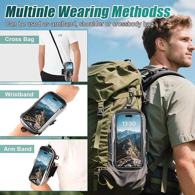 Phone Holder for Running, 2-in-1 Arm Band Cross Bag for iPhone16 15 14 13 Plus Pro Max 12 11 X Samsung Android, Arm Bag with Key Card Pocket for Workout Gym Exercise Fitness (Dark Grey)