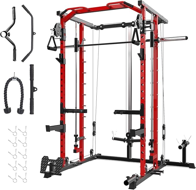 GarveeLife Power Cage, Smith Machine Squat Rack, Heavy Duty Power Rack for Home Gym with Pulley System, Dip Bar, LAT Pulldown, Multifunctional Squat Rack for Home Gym