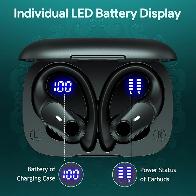 GOLREX Active Noise Cancelling Ear Buds Wireless Earbuds Bluetooth Headphones with 80H Playtime LED Display Charging Case, Over Ear Earphones with Hooks for Sports Running Gym Workout Black