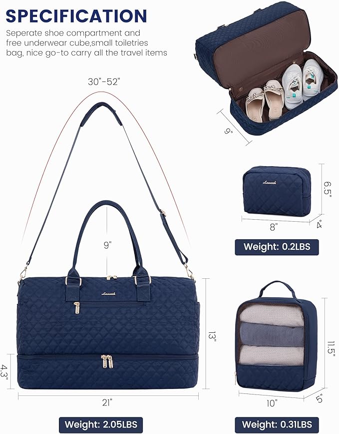 LOVEVOOK Travel Duffle Bag for Women, Weekender Overnight Bag with Shoe Compartment, Carry on Bag with Toiletry Bag, Gym Duffel Bag with Wet Pocket, Hospital Bags for Labor and Delivery 3 Pcs Set