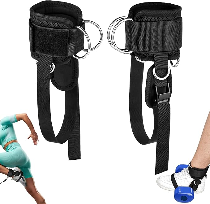 Ankle Straps for Cable Machine and Dumbbell, Dumbbell Foot Attachment for Gym with Longer Nylon Strap/Protective Gasket/5 Steel D-Ring, Tibialis Trainer, Leg Workouts, Hamstring Curls for Women Men