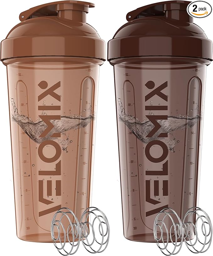 VELOMIX -2 Pack- 28 oz Protein Shaker Bottles for Protein Mixes - 2x Wire Whisk | Leak Proof Shaker Cups for Protein Shakes | Protein Shaker Bottle Pack | Shakers for Protein Shakes-Brown Colors