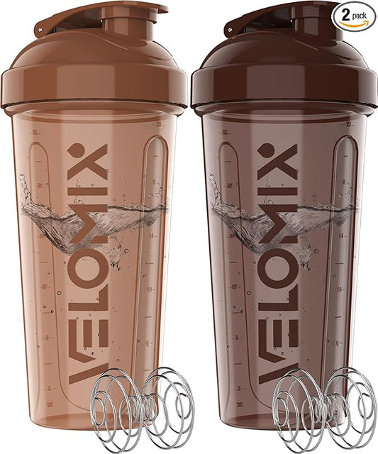 VELOMIX -2 Pack- 28 oz Protein Shaker Bottles for Protein Mixes - 2x Wire Whisk | Leak Proof Shaker Cups for Protein Shakes | Protein Shaker Bottle Pack | Shakers for Protein Shakes-Brown Colors