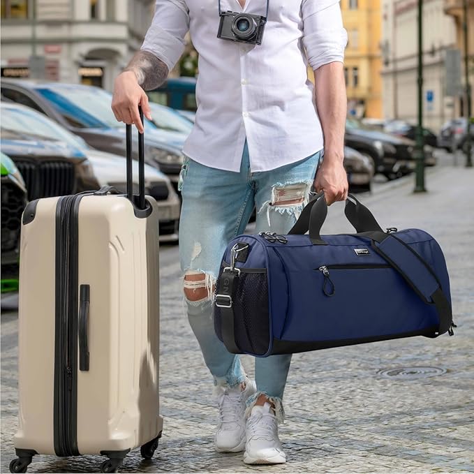 TOPDesign Gym Bag for Women & Men, Unisex Duffel Bag with Shoe Compartment & Wet Pocket for Travel Sports Gym (M Blue)