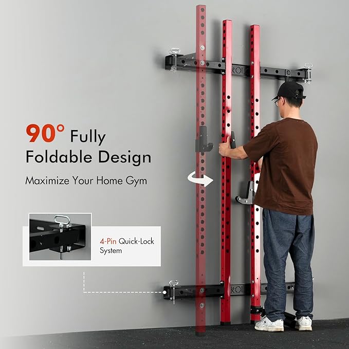 Mikolo 2" x 2" Folding Wall Mounted Squat Rack, 1000 Pounds Capacity Power Rack with Pull Up Bar, J Hooks and Other Attachments, Space-Saving Home Gym